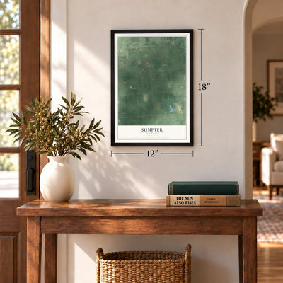 Sumpter, Michigan map, 12 x 18 inch print in a black frame in an entryway