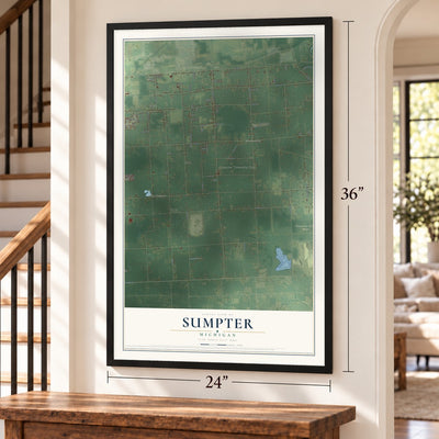 Sumpter, Michigan map, 24 x 36 inch print in a black frame by a staircase