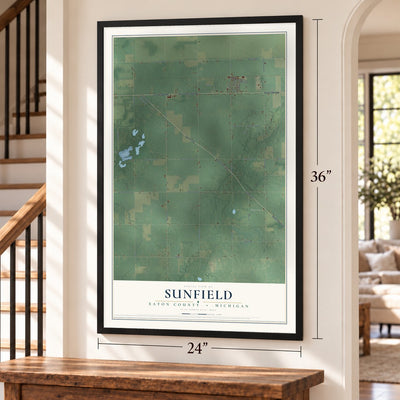 Sunfield, Eaton County, Michigan map, 24 x 36 inch print in a black frame by a staircase