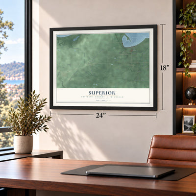 Superior, Chippewa County, Michigan map, 18 x 24 inch print in a black frame in a home office
