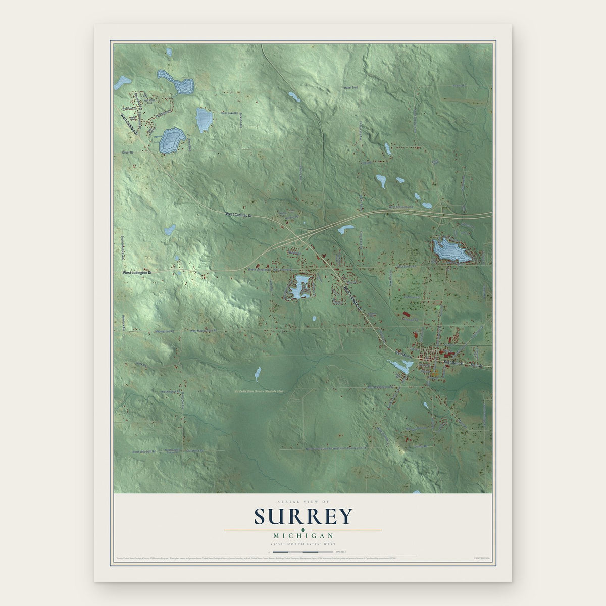 Surrey, Michigan map print, the full design