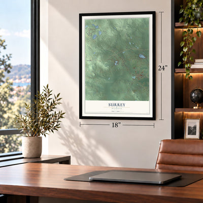 Surrey, Michigan map, 18 x 24 inch print in a black frame in a home office