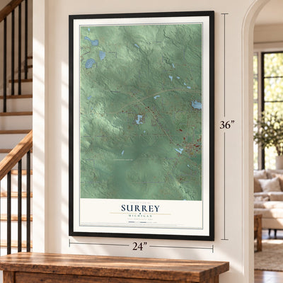 Surrey, Michigan map, 24 x 36 inch print in a black frame by a staircase