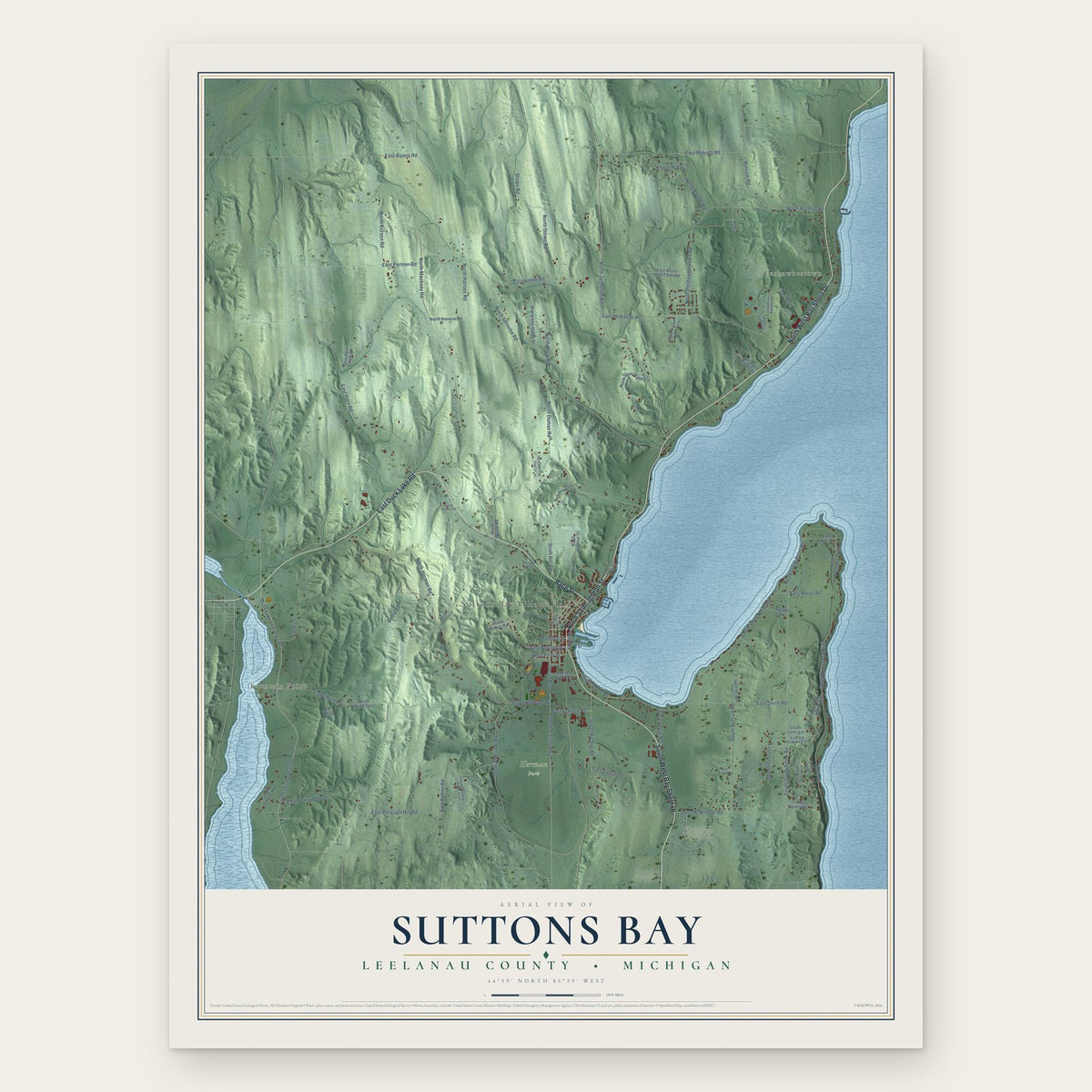 Suttons Bay, Leelanau County, Michigan map print, the full design
