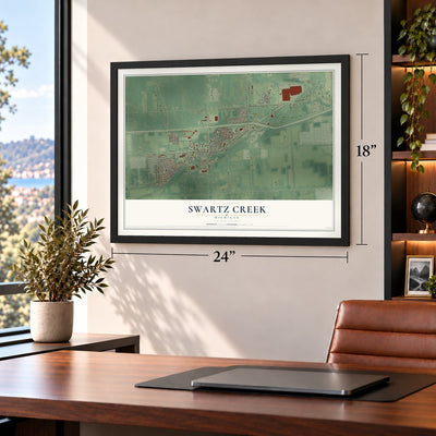 Swartz Creek, Michigan map, 18 x 24 inch print in a black frame in a home office