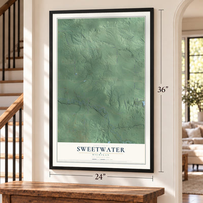 Sweetwater, Michigan map, 24 x 36 inch print in a black frame by a staircase