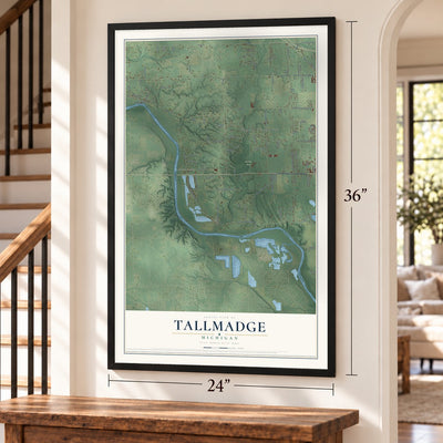 Tallmadge, Michigan map, 24 x 36 inch print in a black frame by a staircase