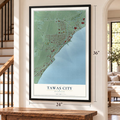Tawas City, Michigan map, 24 x 36 inch print in a black frame by a staircase