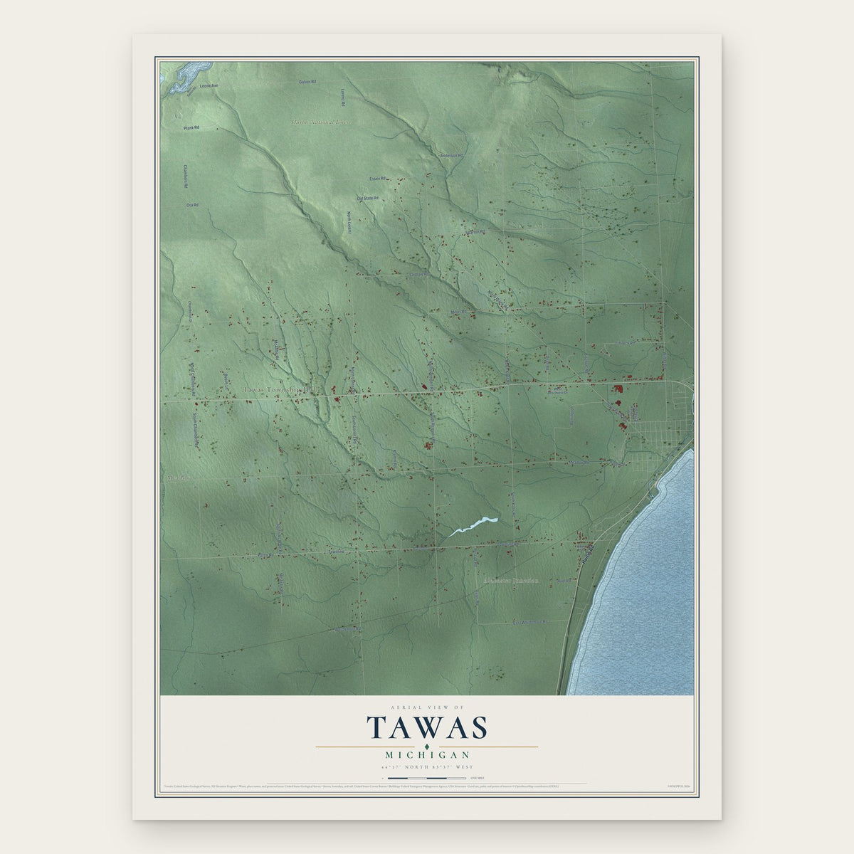 Tawas, Michigan map print, the full design