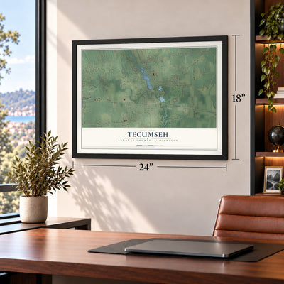 Tecumseh, Lenawee County, Michigan map, 18 x 24 inch print in a black frame in a home office