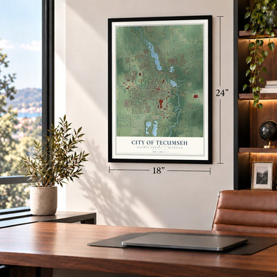 Tecumseh, Michigan map, 18 x 24 inch print in a black frame in a home office