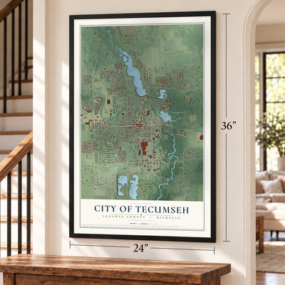 Tecumseh, Michigan map, 24 x 36 inch print in a black frame by a staircase