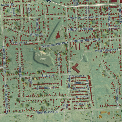 Close-up of the map of Tecumseh, Michigan print showing street and building detail