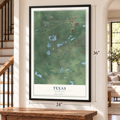 Texas, Michigan map, 24 x 36 inch print in a black frame by a staircase