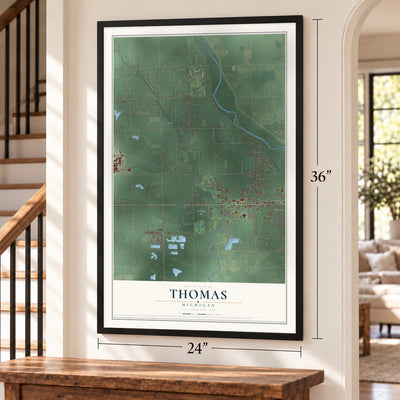 Thomas, Michigan map, 24 x 36 inch print in a black frame by a staircase