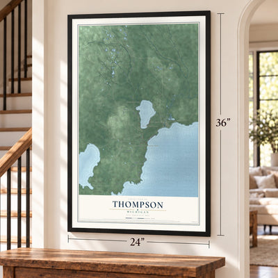 Thompson, Michigan map, 24 x 36 inch print in a black frame by a staircase