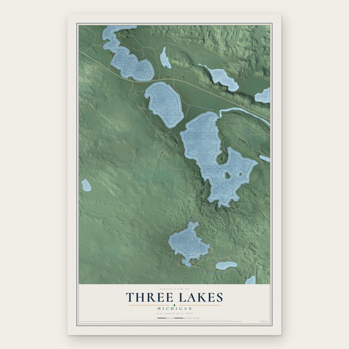Three Lakes, Michigan map print, the full design