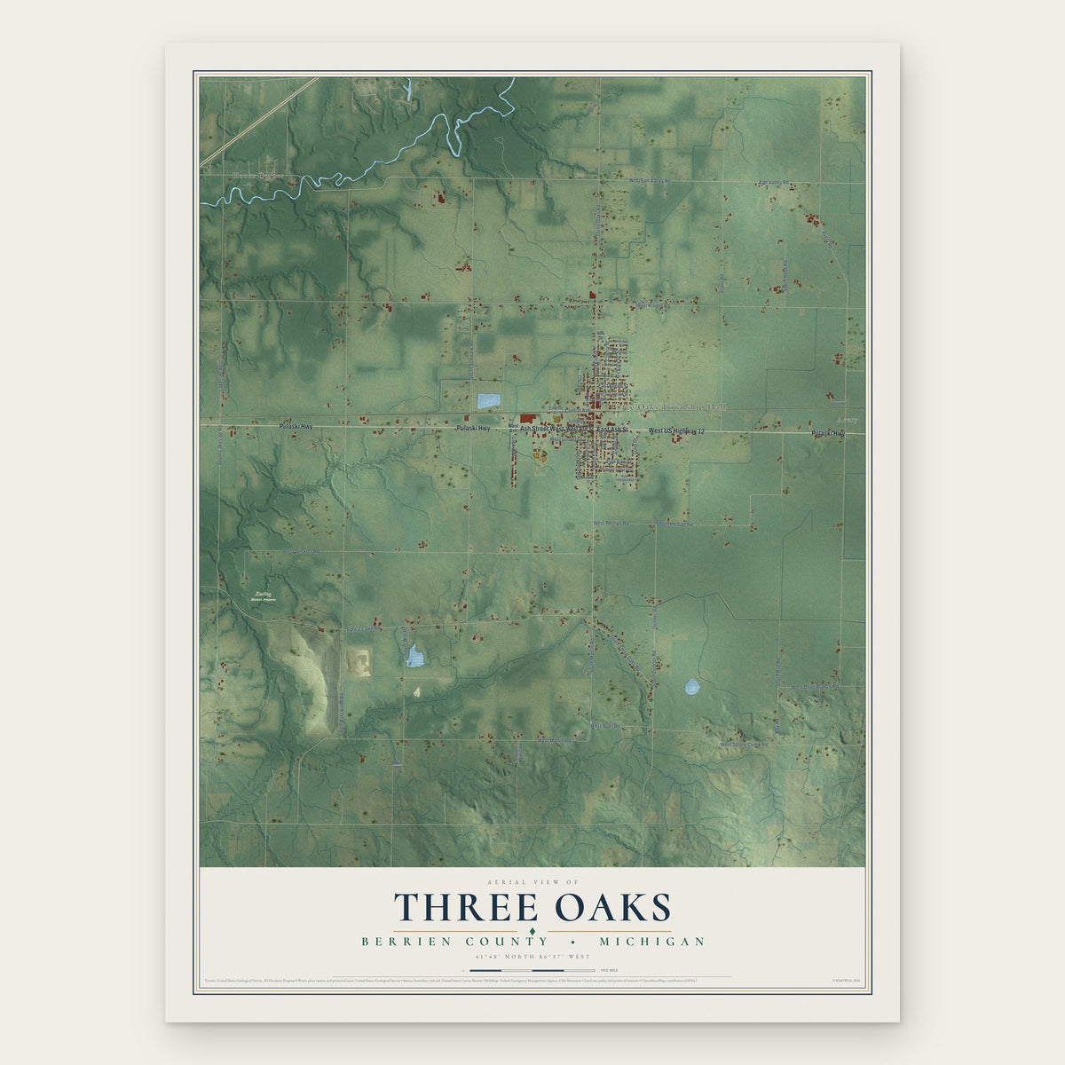 Three Oaks, Berrien County, Michigan map print, the full design