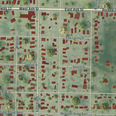 Close-up of the map of Three Oaks, Michigan print showing street and building detail