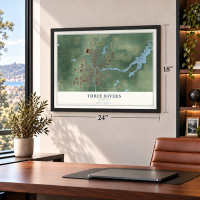 Three Rivers, Michigan map, 18 x 24 inch print in a black frame in a home office