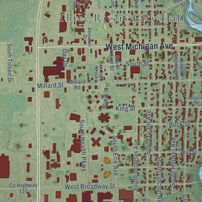 Close-up of the map of Three Rivers, Michigan print showing street and building detail