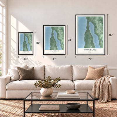 Torch Lake, Antrim County, Michigan map in 12 x 18, 18 x 24 and 24 x 36 inch sizes above a sofa
