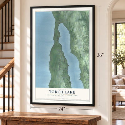 Torch Lake, Antrim County, Michigan map, 24 x 36 inch print in a black frame by a staircase