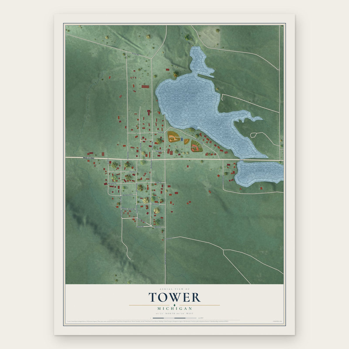 Tower, Michigan map print, the full design