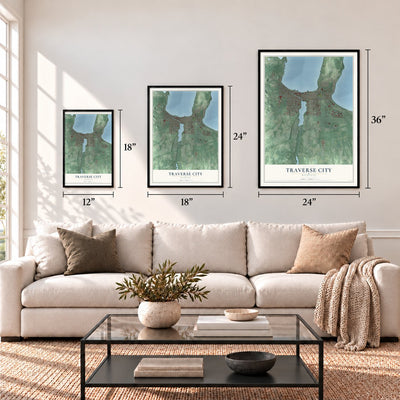 Traverse City, Michigan map in 12 x 18, 18 x 24 and 24 x 36 inch sizes above a sofa