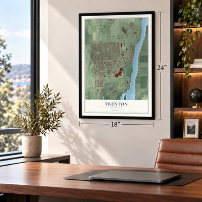 Trenton, Michigan map, 18 x 24 inch print in a black frame in a home office