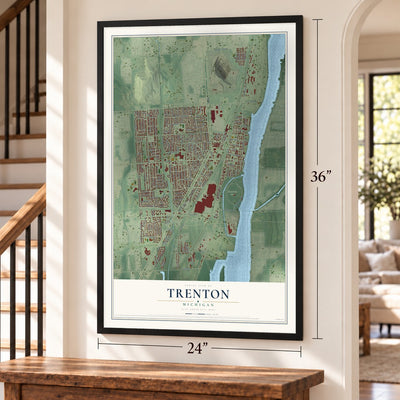Trenton, Michigan map, 24 x 36 inch print in a black frame by a staircase