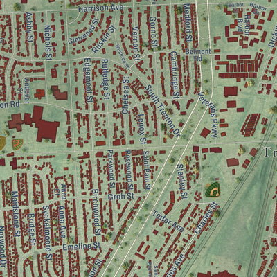 Close-up of the map of Trenton, Michigan print showing street and building detail