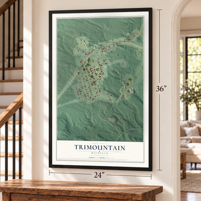 Trimountain, Michigan map, 24 x 36 inch print in a black frame by a staircase