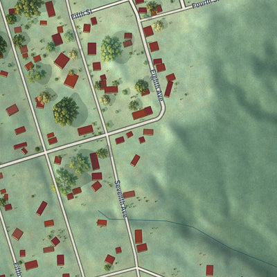 Close-up of the map of Trimountain, Michigan print showing street and building detail