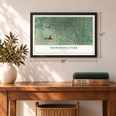 Trowbridge Park, Michigan map, 12 x 18 inch print in a black frame in an entryway