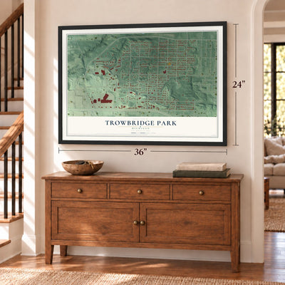 Trowbridge Park, Michigan map, 24 x 36 inch print in a black frame above a dresser by a staircase