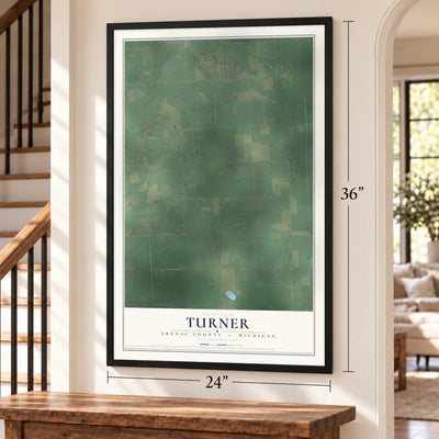 Turner, Arenac County, Michigan map, 24 x 36 inch print in a black frame by a staircase