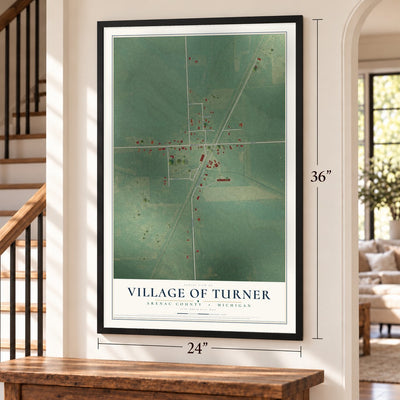 Turner, Michigan map, 24 x 36 inch print in a black frame by a staircase