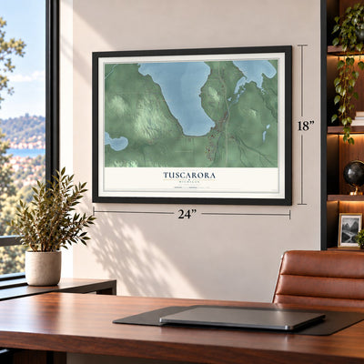 Tuscarora, Michigan map, 18 x 24 inch print in a black frame in a home office