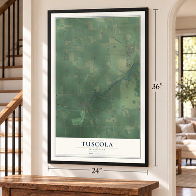 Tuscola, Michigan map, 24 x 36 inch print in a black frame by a staircase