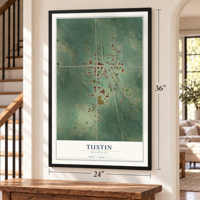 Tustin, Michigan map, 24 x 36 inch print in a black frame by a staircase