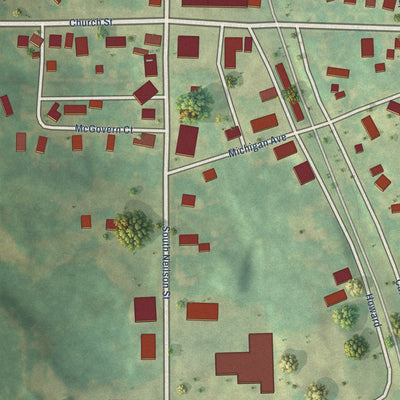 Close-up of the map of Tustin, Michigan print showing street and building detail