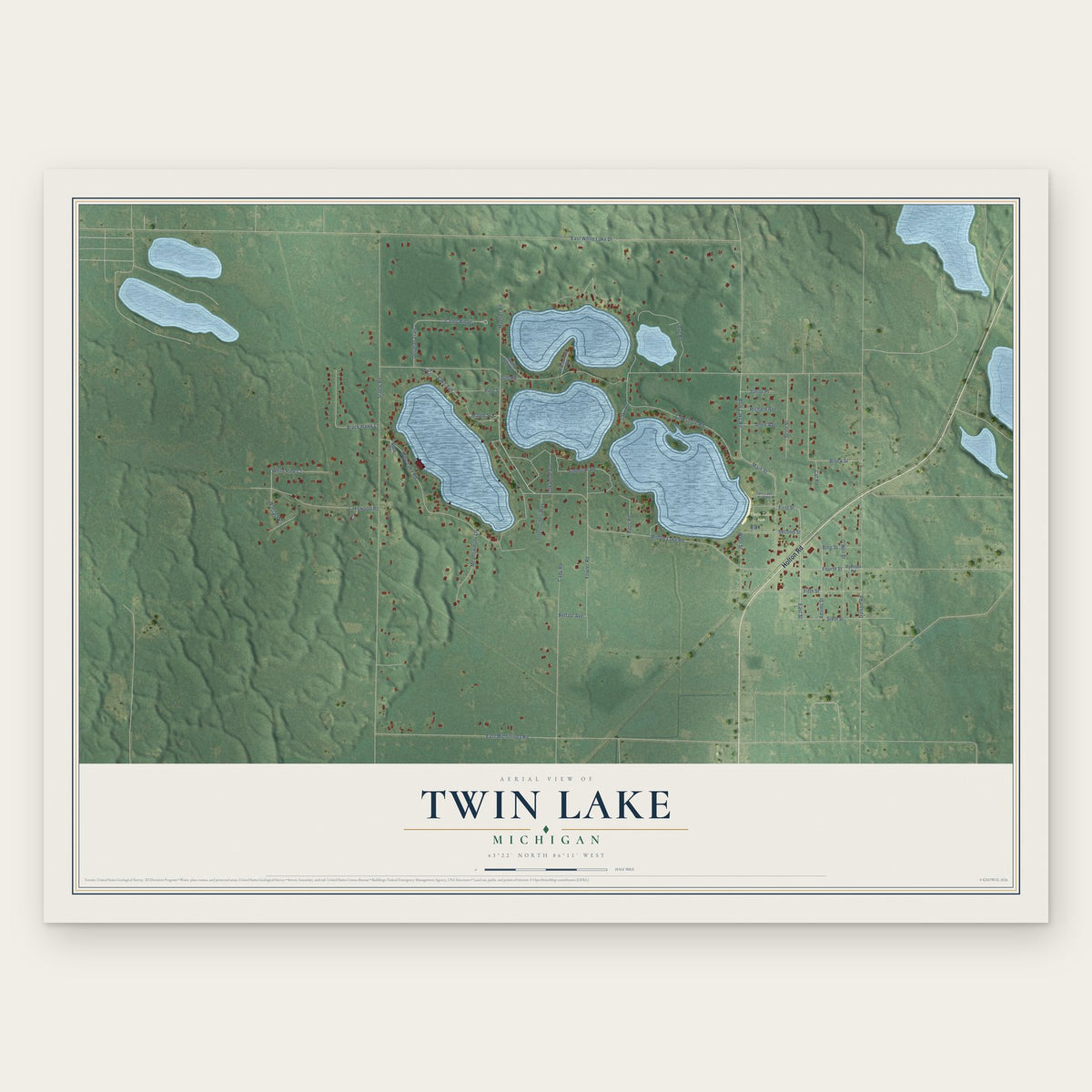 Twin Lake, Michigan map print, the full design