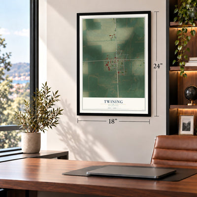 Twining, Michigan map, 18 x 24 inch print in a black frame in a home office