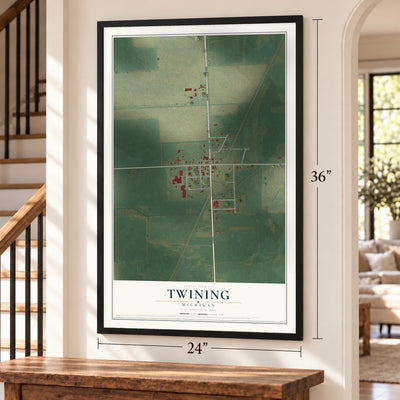 Twining, Michigan map, 24 x 36 inch print in a black frame by a staircase