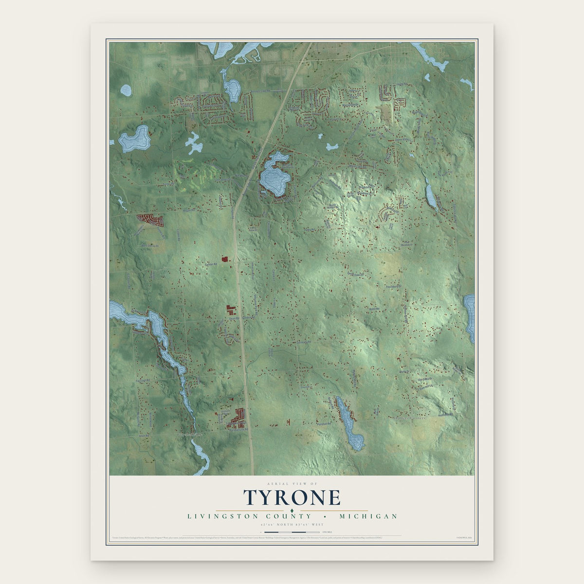 Tyrone, Livingston County, Michigan map print, the full design