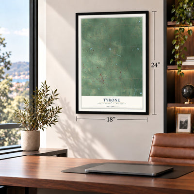Tyrone, Kent County, Michigan map, 18 x 24 inch print in a black frame in a home office