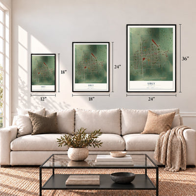 Ubly, Michigan map in 12 x 18, 18 x 24 and 24 x 36 inch sizes above a sofa
