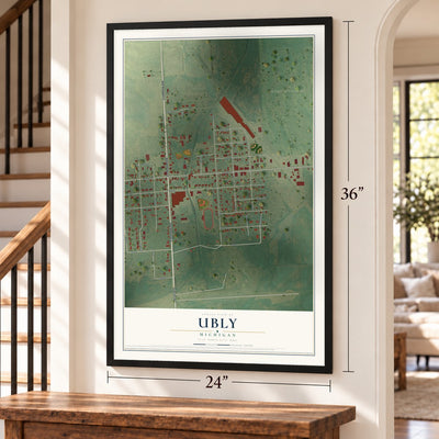 Ubly, Michigan map, 24 x 36 inch print in a black frame by a staircase