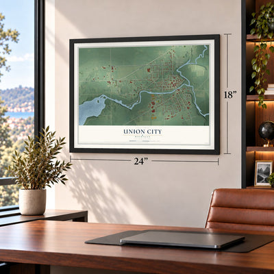 Union City, Michigan map, 18 x 24 inch print in a black frame in a home office